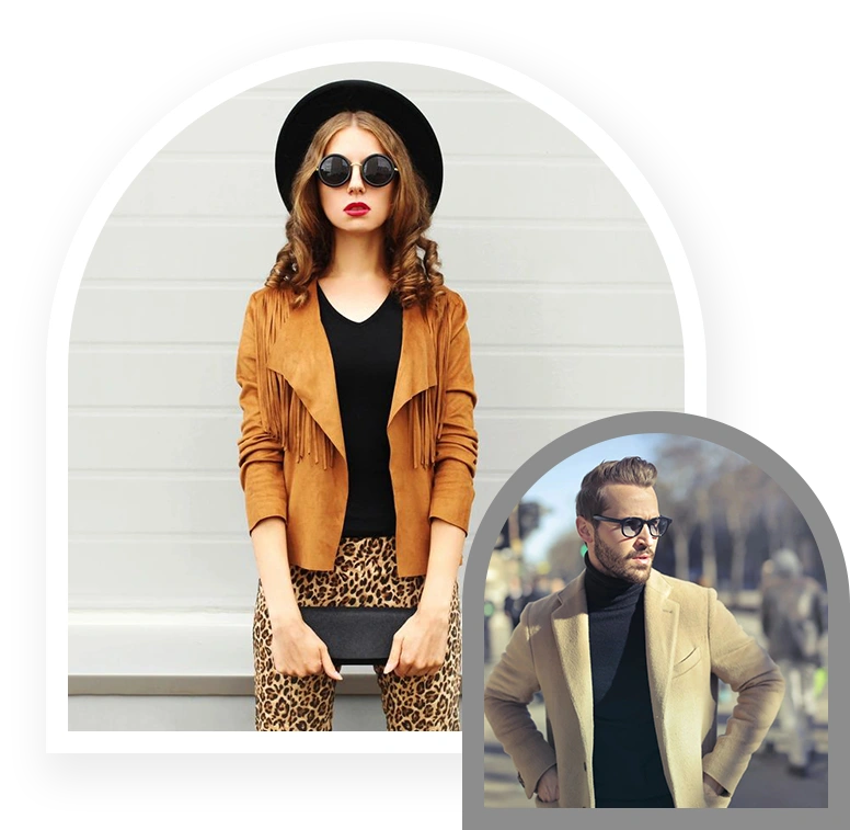 A woman in a brown jacket, black hat, and sunglasses stands against a white background. Inset, a man in a beige coat and sunglasses looks to his right in an outdoor setting. Their ensembles effortlessly capture the essence of zodiac sign fashion.