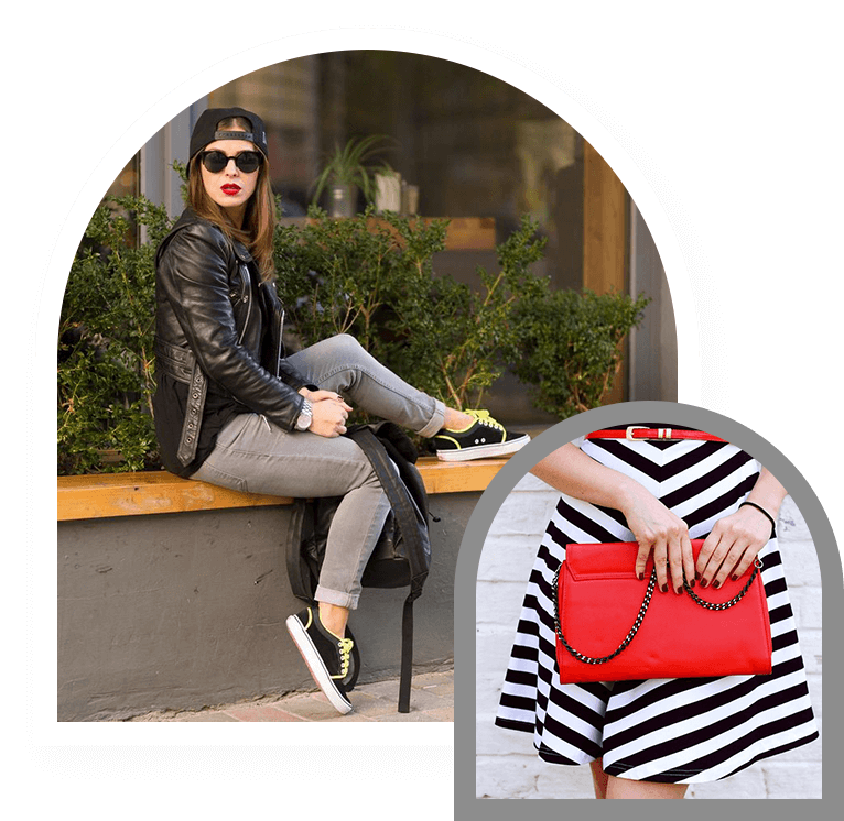 A person wearing a leather jacket and cap sits on a bench, while another image showcases hands holding a red clutch bag against a black-and-white striped skirt, subtly hinting at the individuality that's often reflected in astrology clothing.
