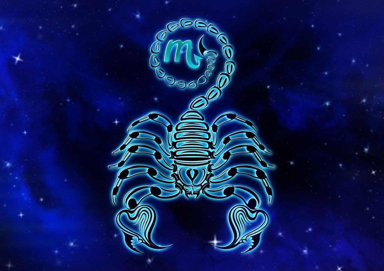 Neon-blue Scorpio zodiac symbol depicted as a scorpion on a dark starry background, reminiscent of the bold style often seen in Cancer zodiac outfits.