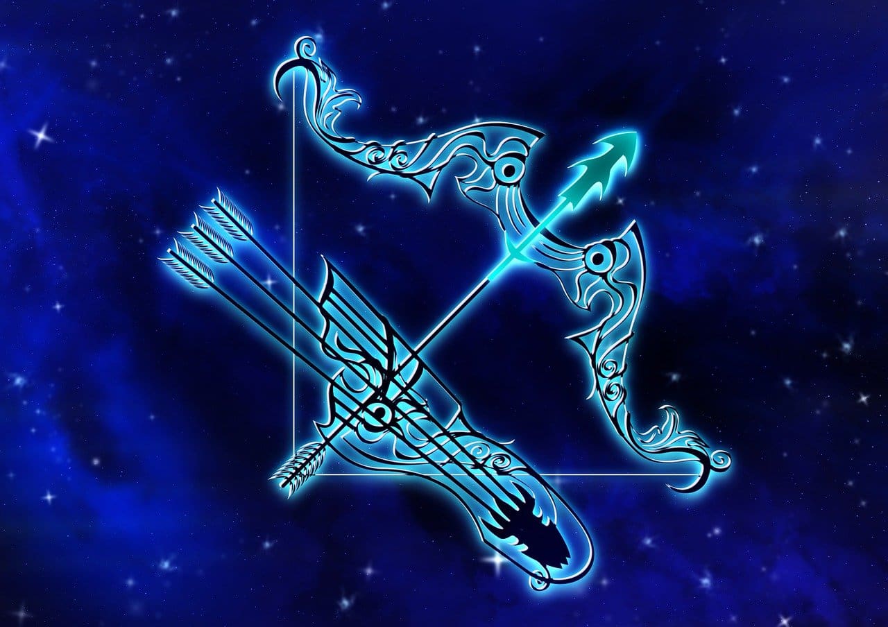 A stylized bow and quiver with arrows, depicted in glowing blue lines and reminiscent of Cancer zodiac outfits, set against a starry night sky background.