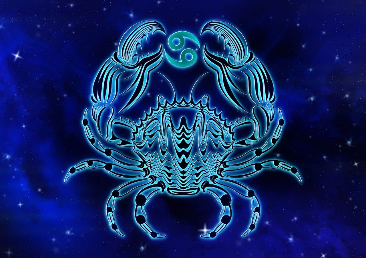 Stylized blue crab illustration with the Cancer zodiac symbol above it, set against a starry, dark blue cosmic background, perfect for fans of Cancer zodiac outfits.