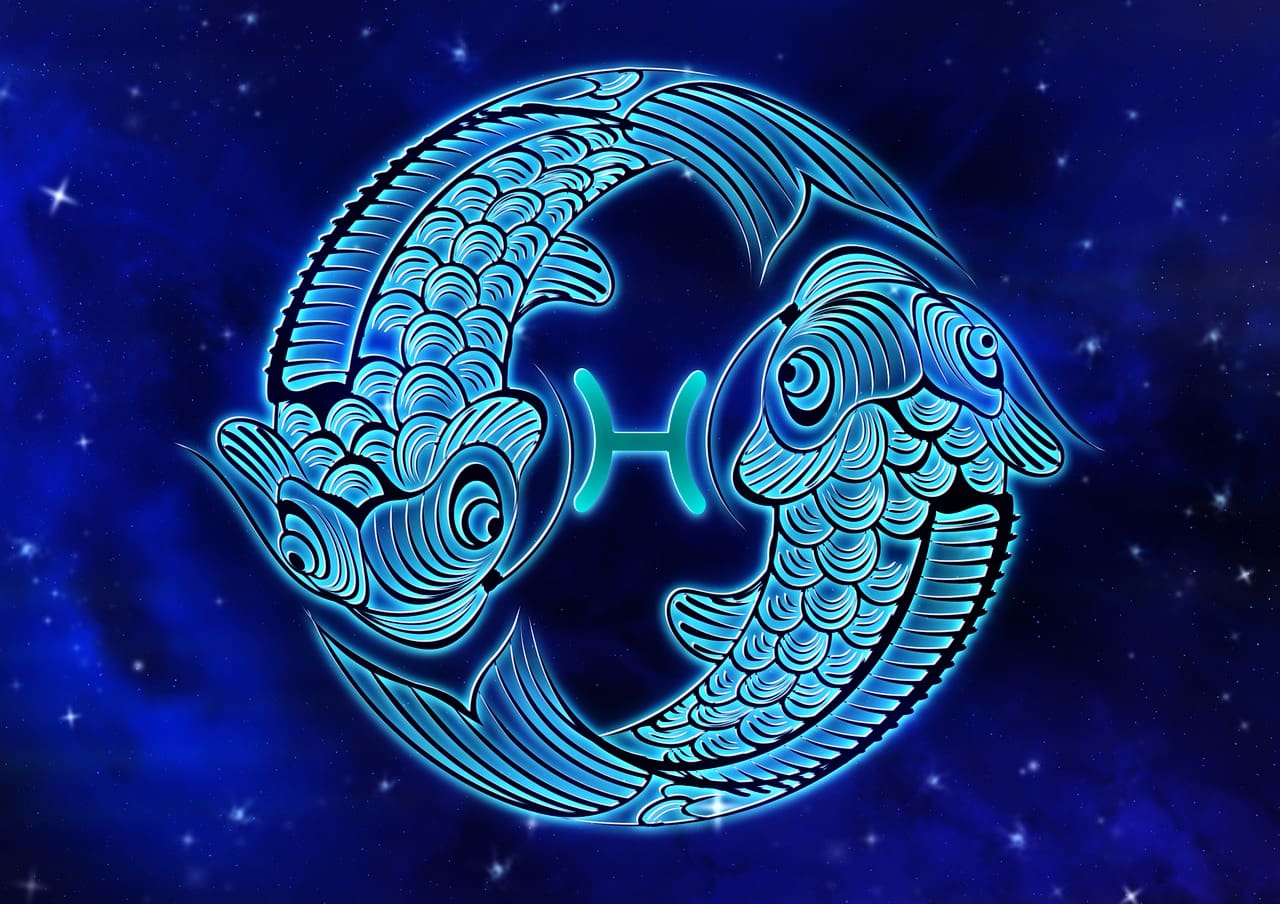 An artistic illustration of the Pisces zodiac sign features two stylized fish swimming in a circular pattern against a blue cosmic background, subtly hinting at the fluid elegance found in Cancer zodiac outfits.