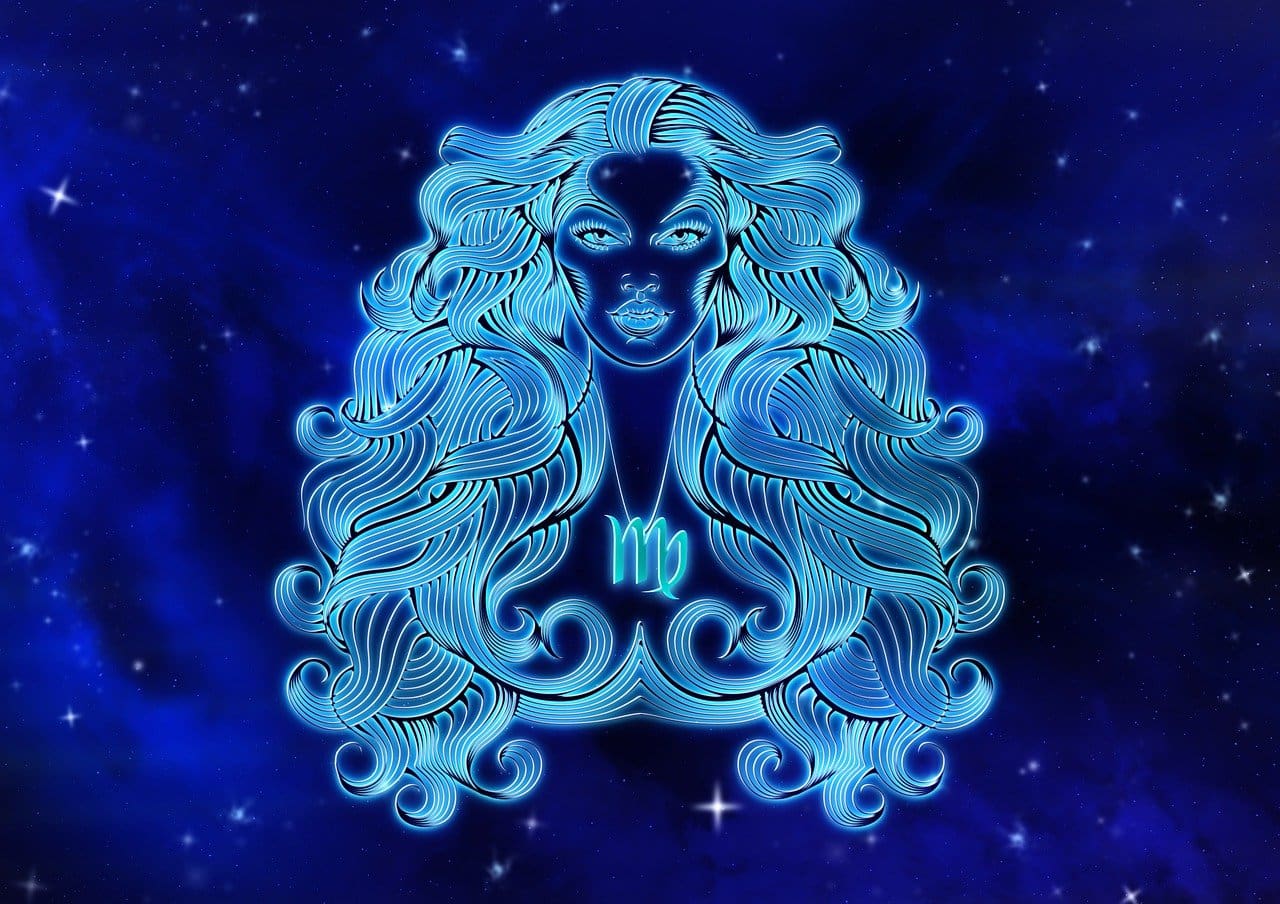 An abstract image of a figure with long, wavy hair and the Virgo zodiac symbol on their chest, dressed in ethereal Cancer zodiac outfits, set against a starry, deep blue background.