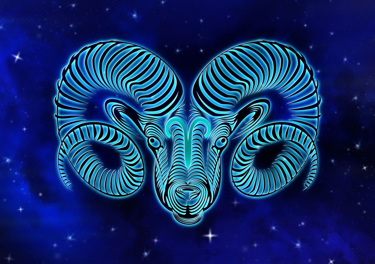 An abstract, neon blue ram's head with large, curled horns is set against a dark, starry background, echoing the intricate designs found in Cancer zodiac outfits.