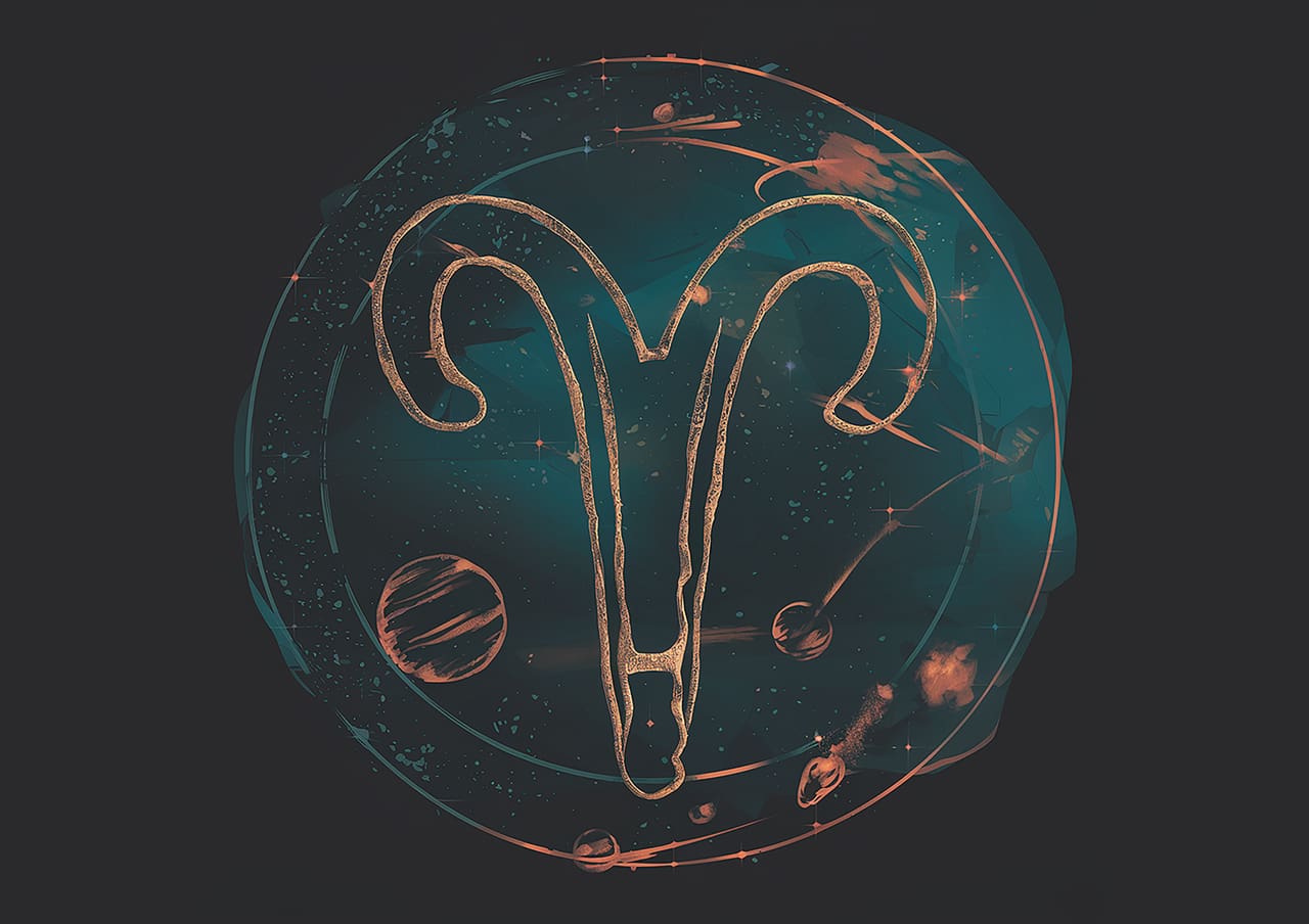 Illustration of the Aries zodiac symbol, featuring a stylized ram's horns against a dark background with abstract, colorful elements, reminiscent of Cancer zodiac outfits.